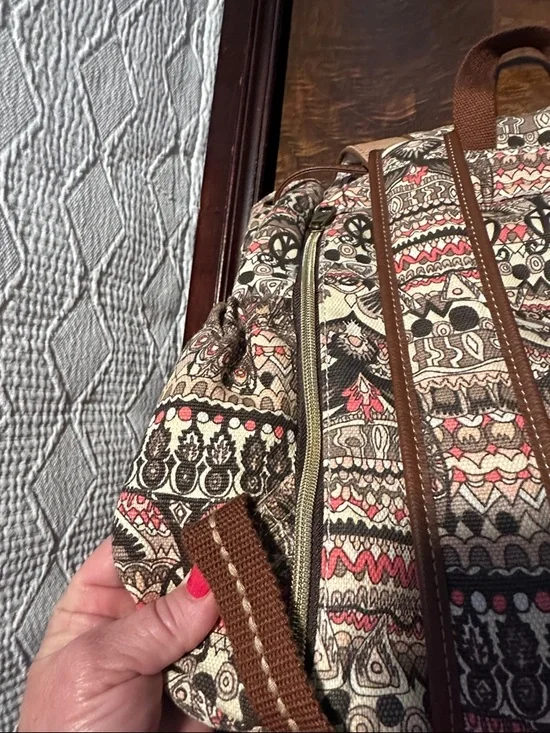 Sakroots Beige & Brown Patterned Canvas Backpack with Pink Accents - Picture 3 of 6